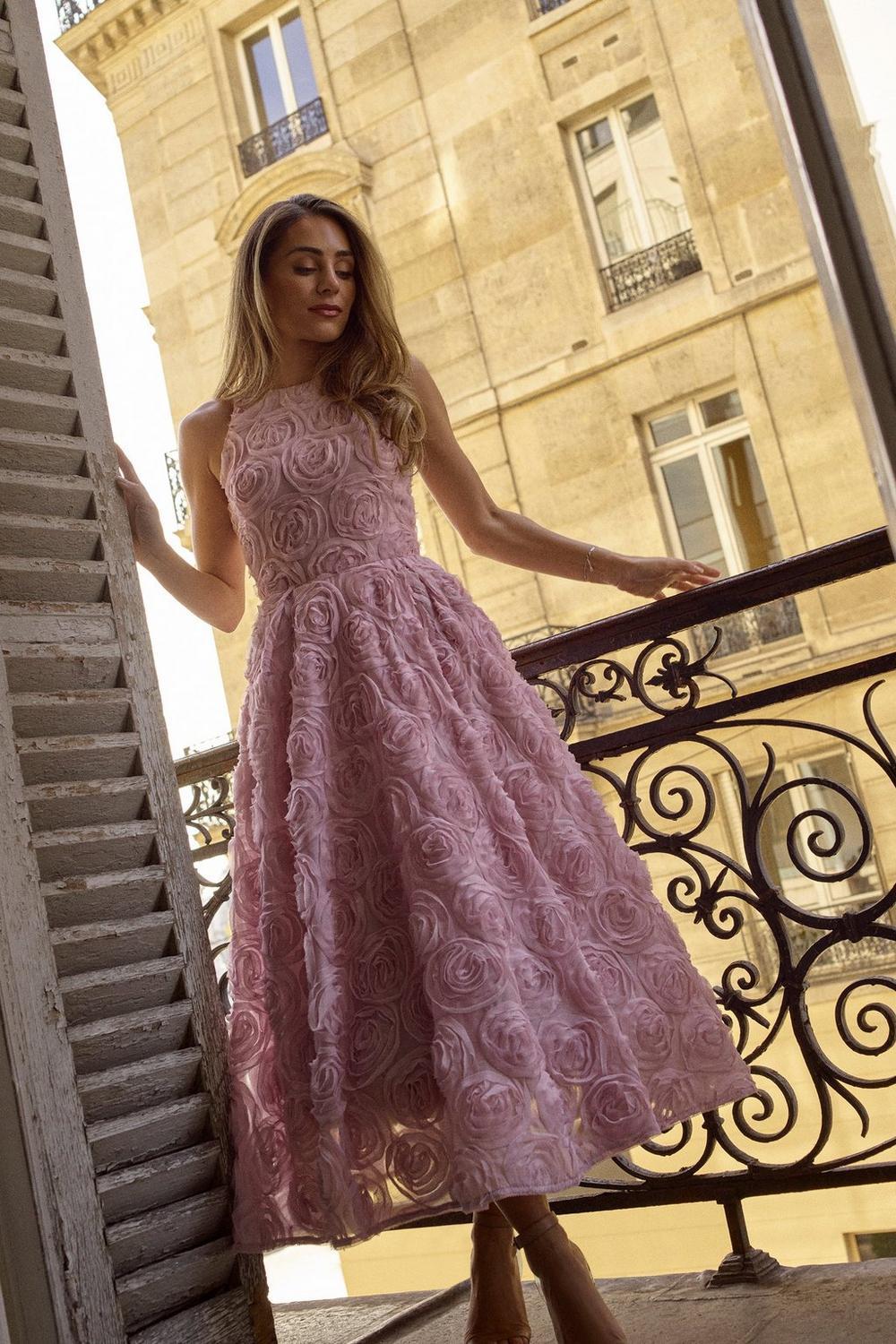 3D Floral Sleeveless Midi Dress With Belt