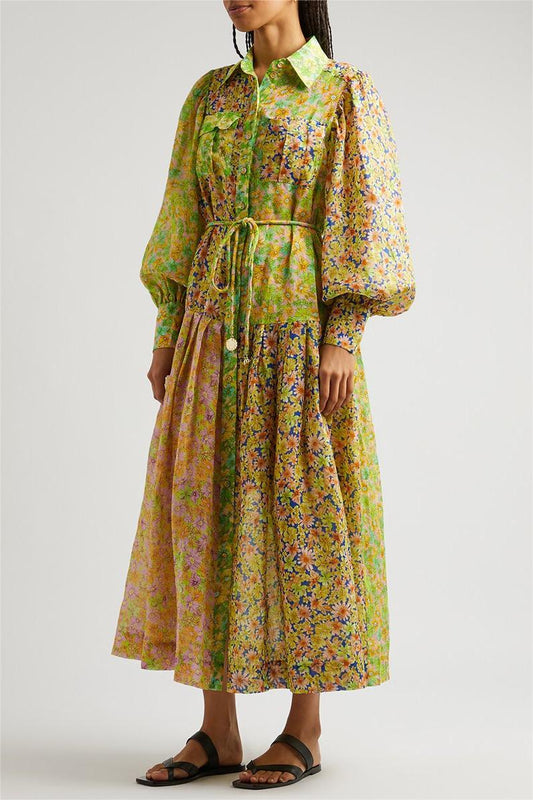 Floral Lantern Sleeve Bottom Midi Dress With Belt