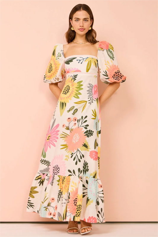 Floral Short Sleeve Square Neck Midi Dress