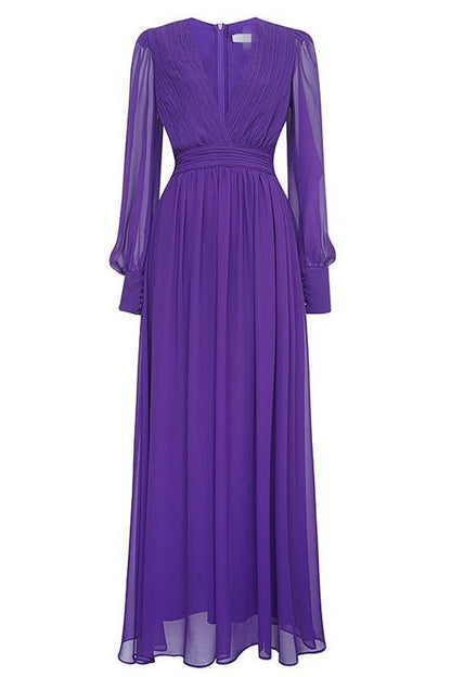 Chiffon V-Neck Lantern Sleeve Midi Dress