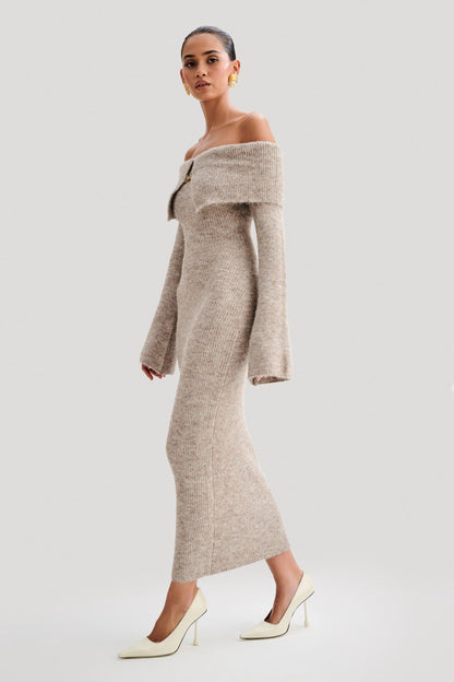 Solid Knit Off-Shoulder Midi Dress