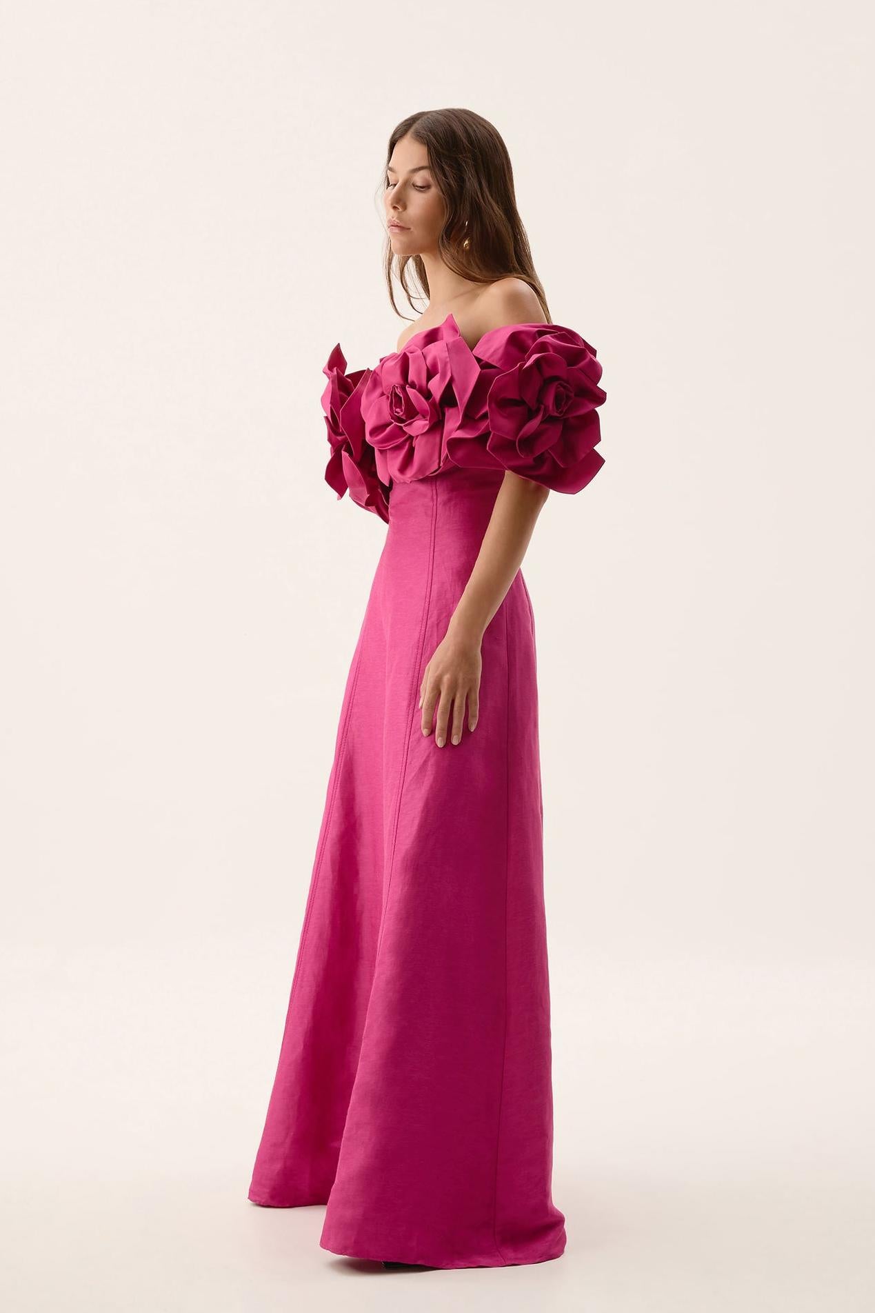 3D Flower Solid Off-Shoulder Midi Dress