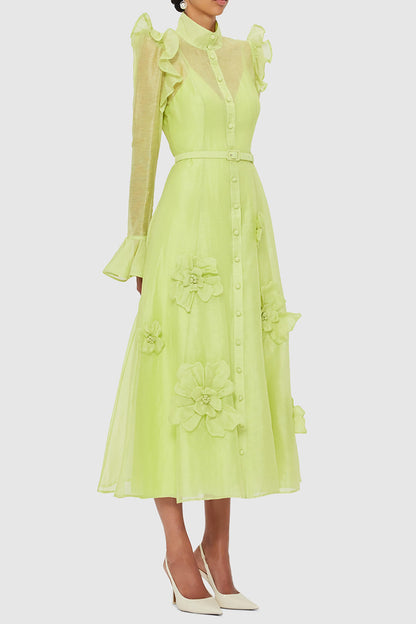 Solid 3D Floral Frill Midi Dress