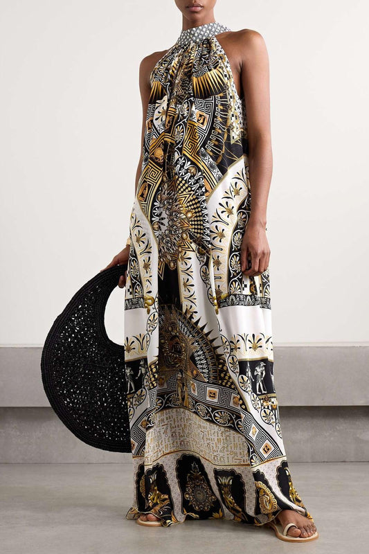 Paisley Print Lace-Up Sleeveless Midi Dress