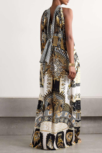 Paisley Print Lace-Up Sleeveless Midi Dress