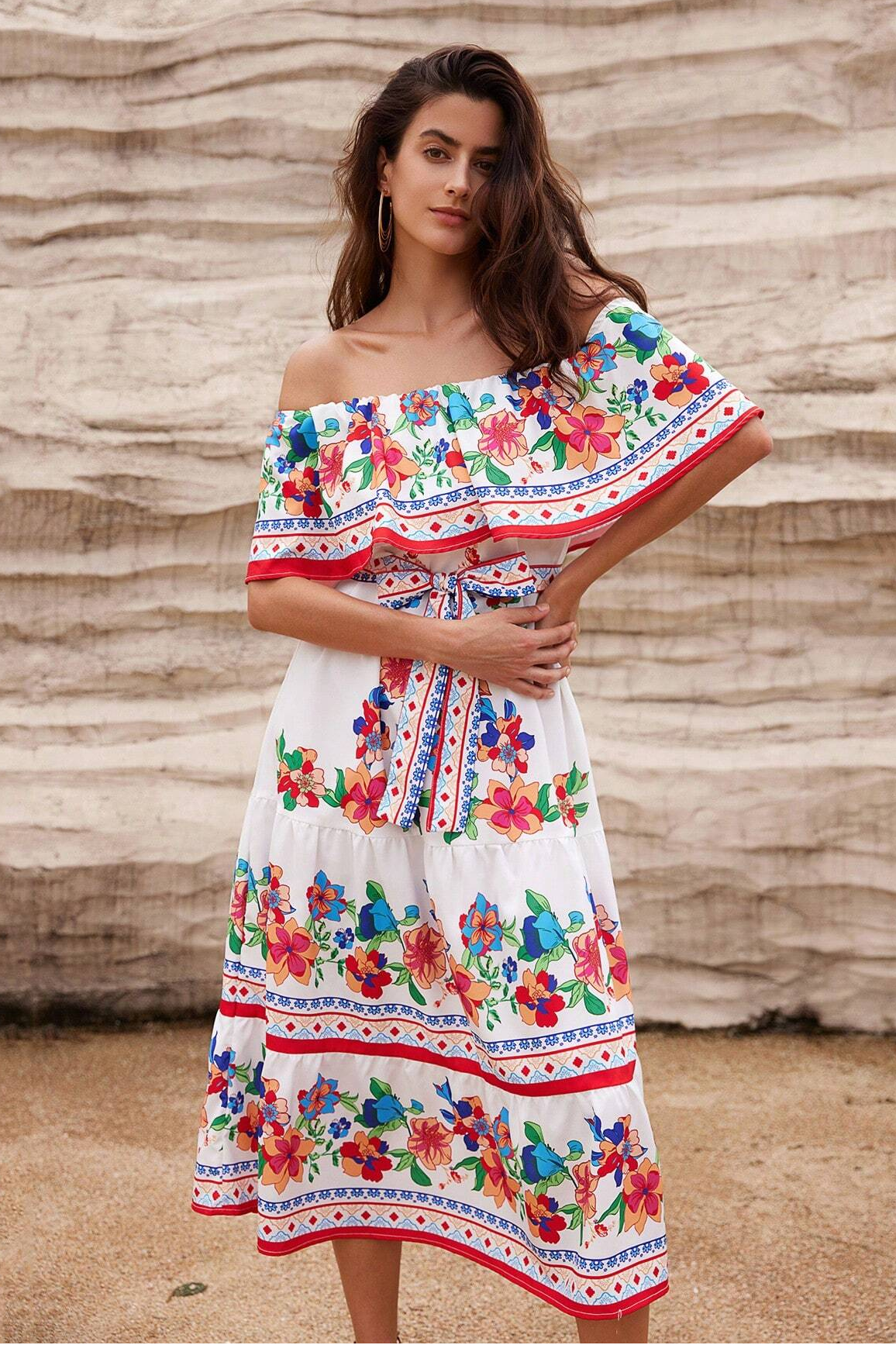 Floral Off-Shoulder Ruffle Midi Dress