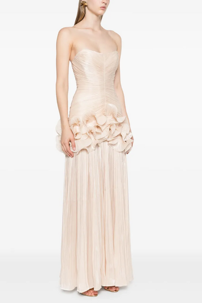 Solid Pleated Ruffle Maxi Dress