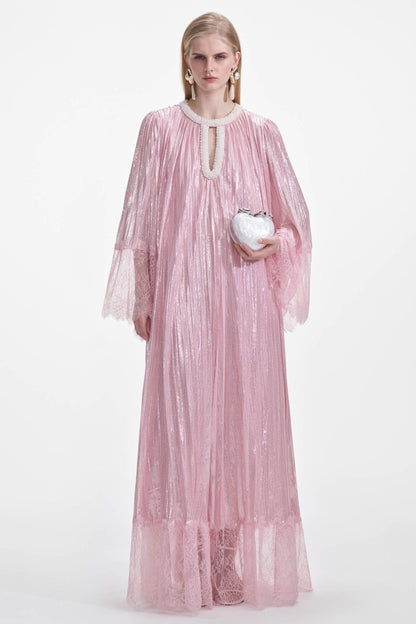 Lace Splicing Satin Faux Pearl Maxi Dress