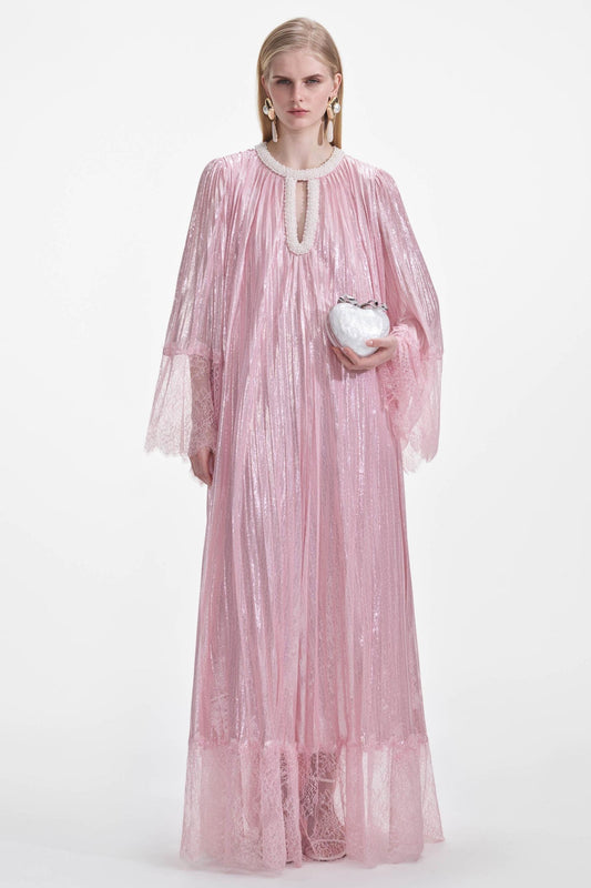 Lace Splicing Satin Faux Pearl Maxi Dress