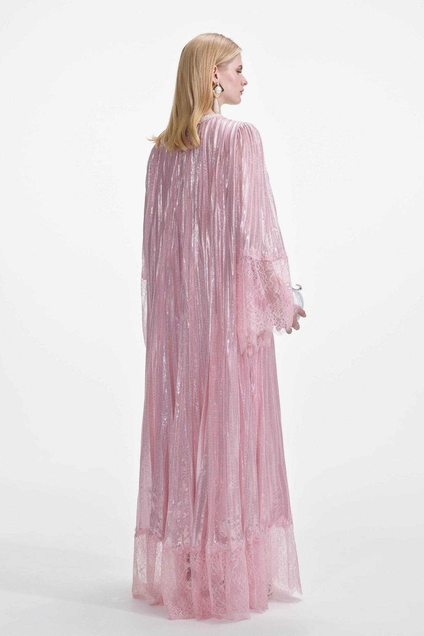 Lace Splicing Satin Faux Pearl Maxi Dress