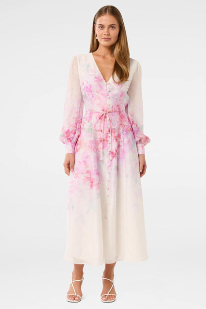 Floral Single Breasted Lantern Sleeve Midi Dress