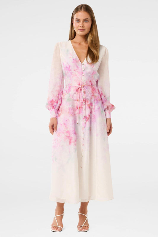 Floral Single Breasted Lantern Sleeve Midi Dress