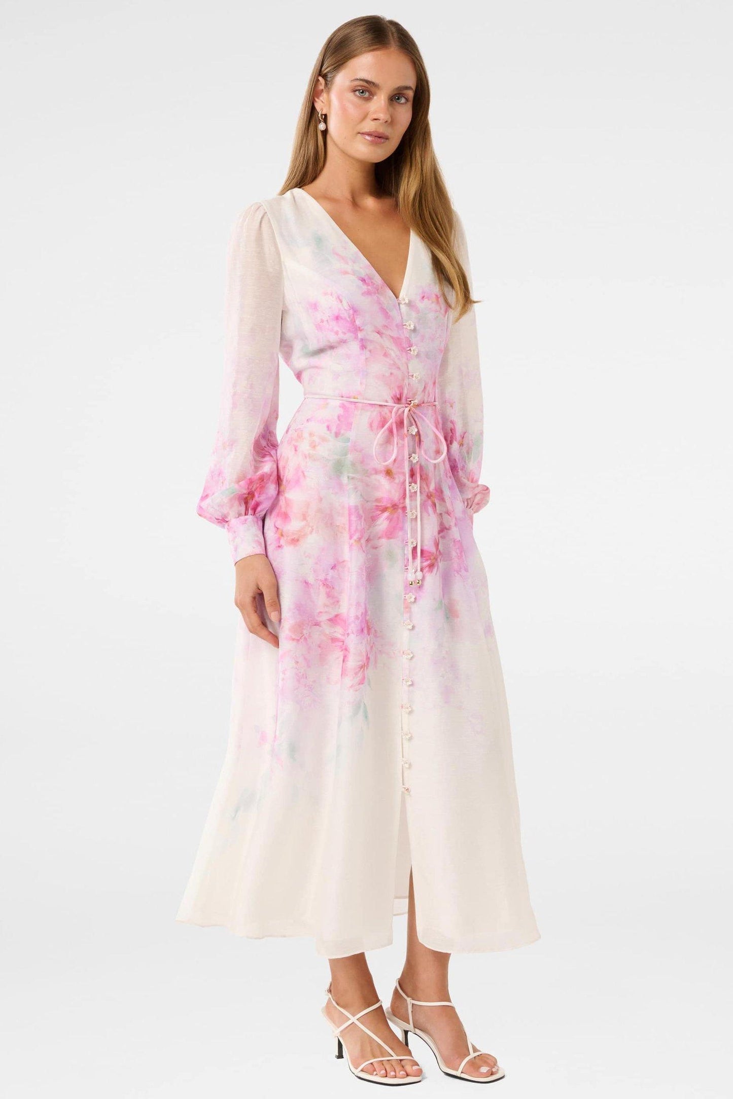 Floral Single Breasted Lantern Sleeve Midi Dress
