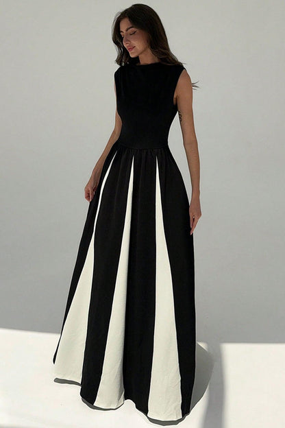 Contrast Color Round Neck Sleeveless Midi Dress