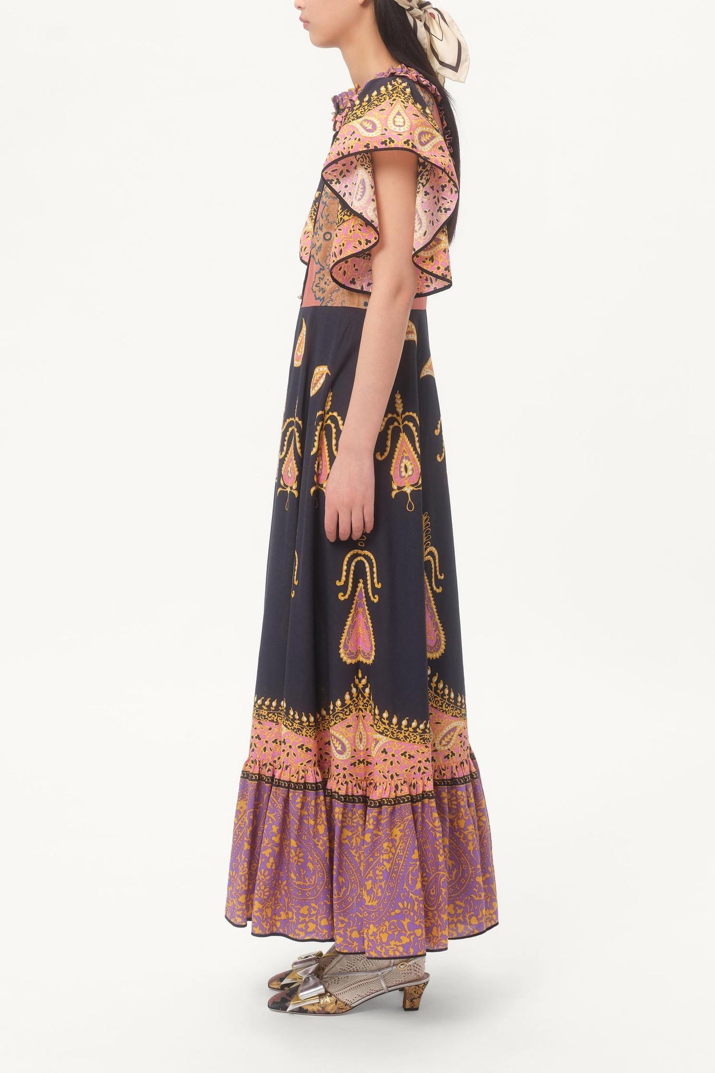 Paisley Print Frill Bell Sleeve Midi Dress