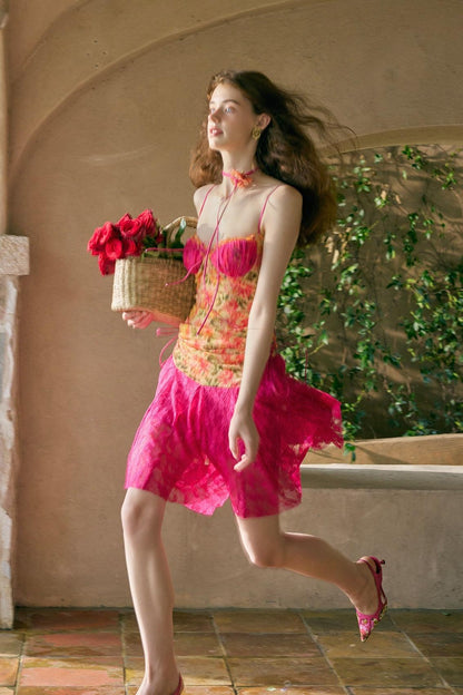 Lace Floral Splicing Slip Midi Dress