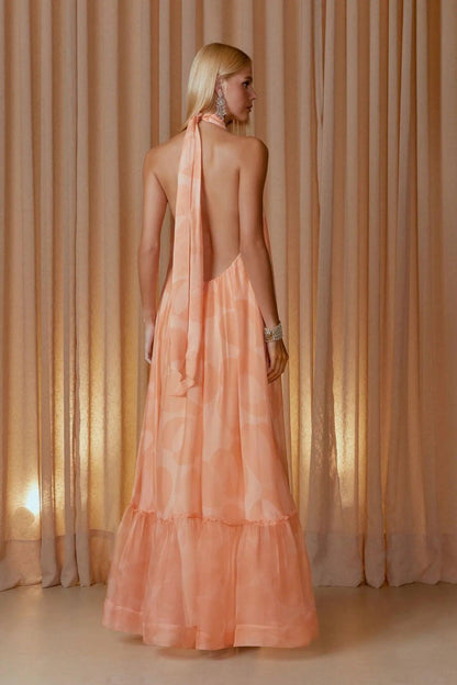 Chiffon Halter Neck Ruffle Maxi Dress