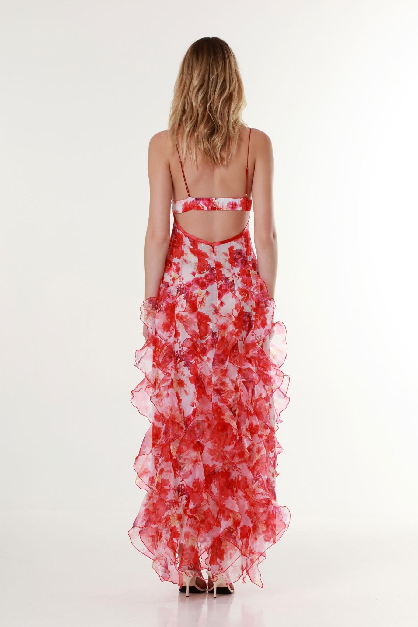 Chiffon Floral Frill Midi Dress