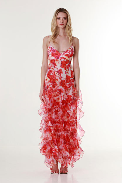 Chiffon Floral Frill Midi Dress