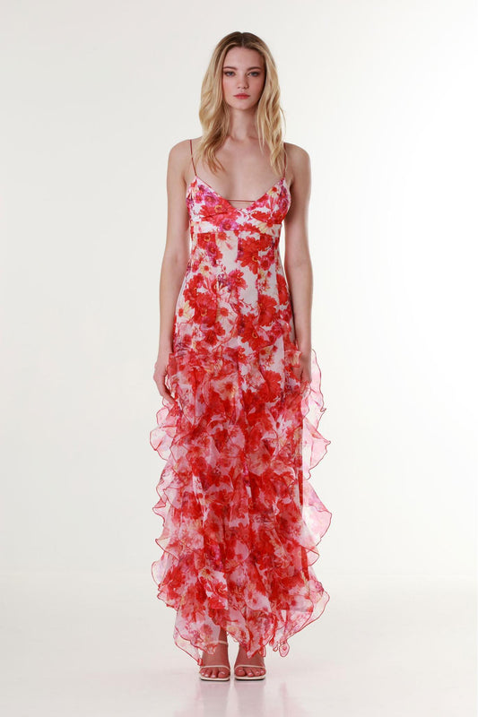 Chiffon Floral Frill Midi Dress