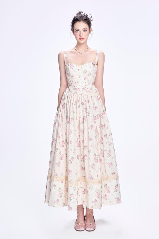 Floral Lace Sweetheart Neck Midi Dress