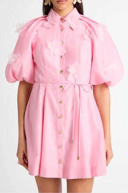 3D Flower Puff Sleeve Metal Button Mini Dress