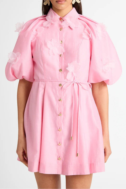 3D Flower Puff Sleeve Metal Button Mini Dress