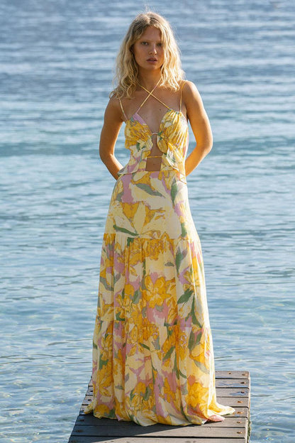 Floral Frill Gathering Maxi Dress