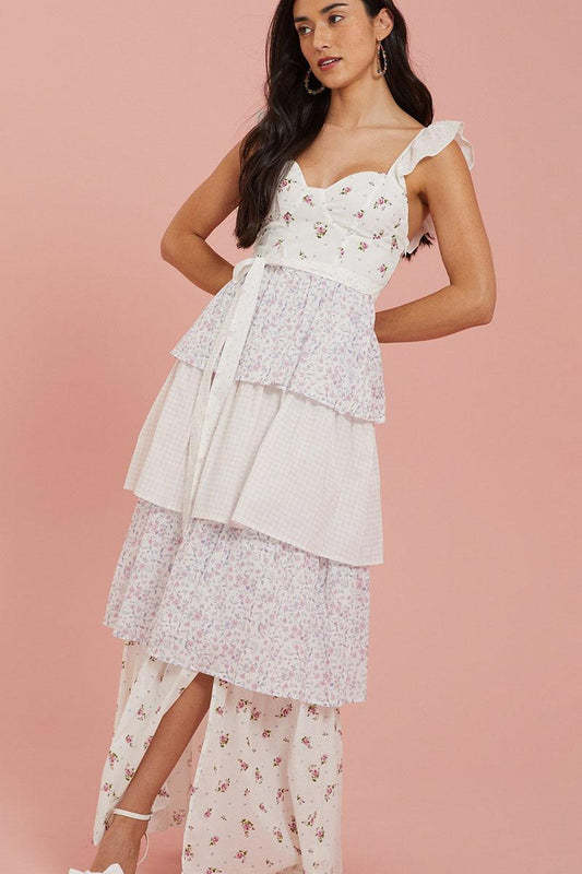 Floral Sweetheart Neck Frill Midi Dress
