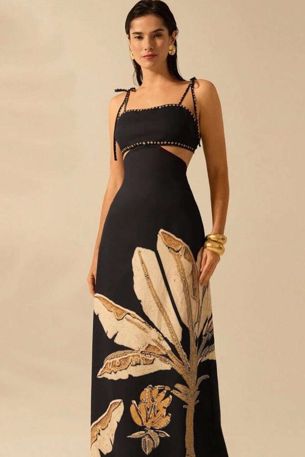 Botanical Print Lace Up Slip Midi Dress