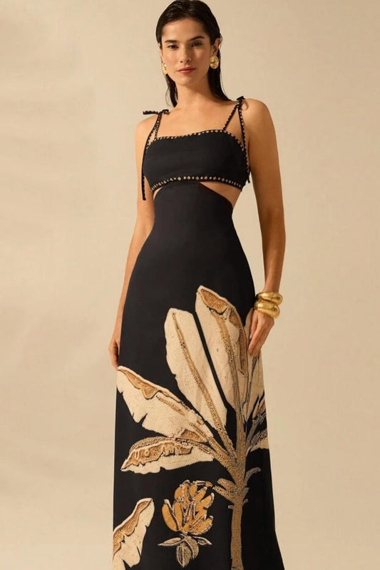 Botanical Print Lace Up Slip Midi Dress