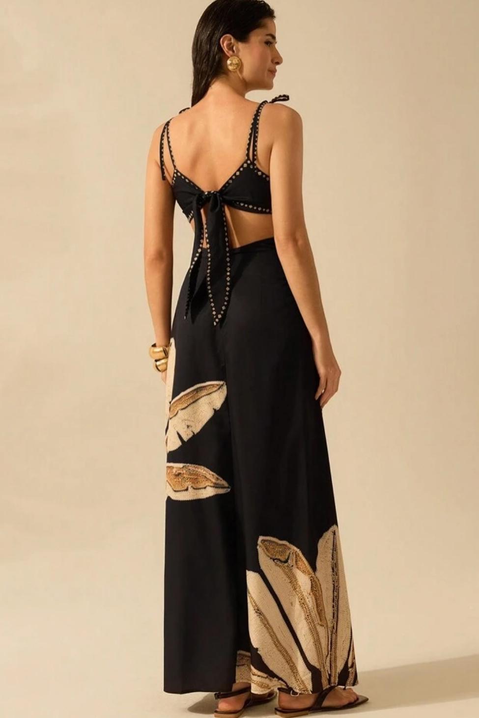 Botanical Print Lace Up Slip Midi Dress