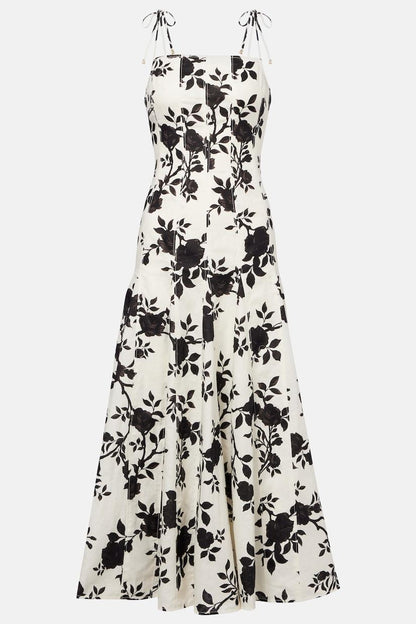 Floral Linen Splicing Slip Midi Dress