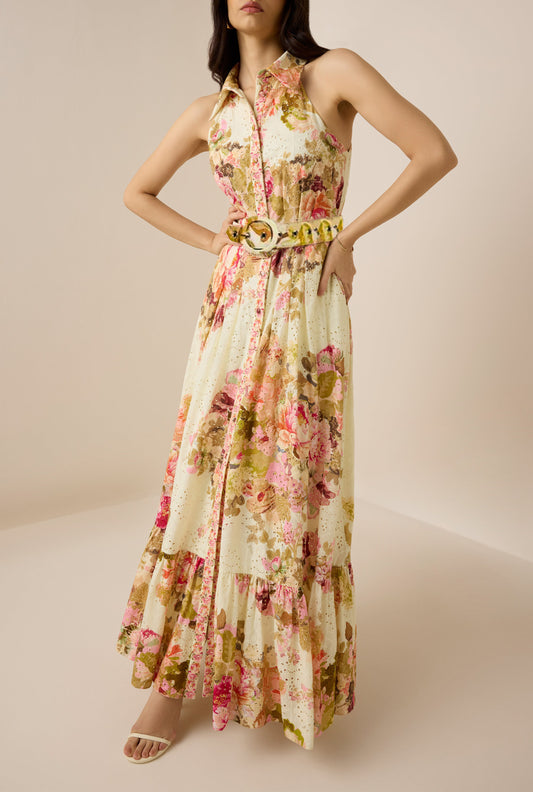 Embroidered Floral Maxi Dress With Belt