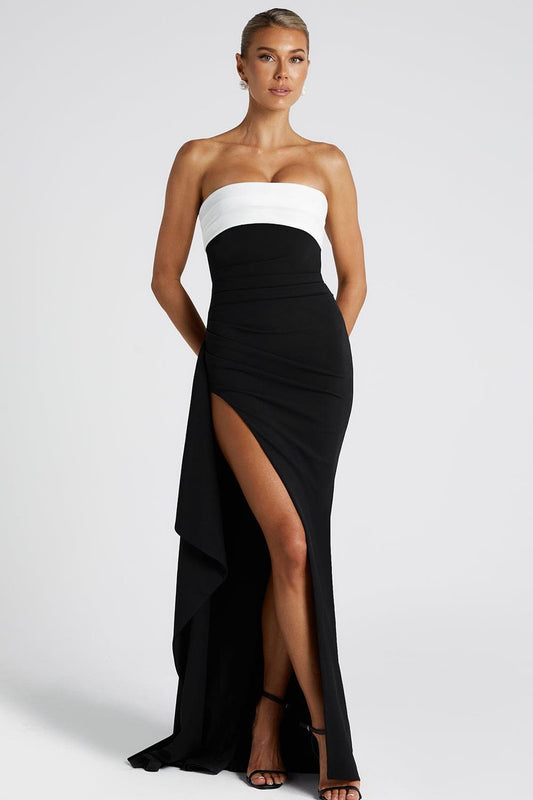 Contrast Color Split Off-Shoulder Maxi Dress
