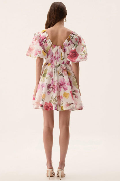 Floral V-Neck Puff Sleeve Mini Dress