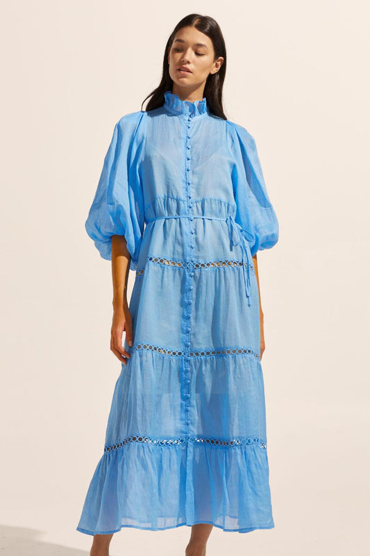 Solid High Neck Lantern Sleeve Midi Dress