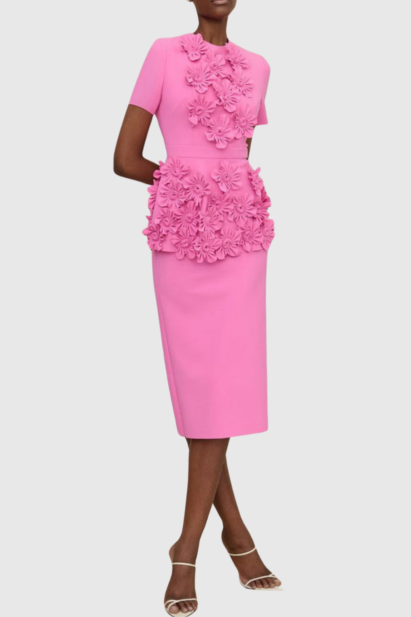 3D Flower Round Neck Short Sleeve Top & Mid Waist Midi Skirt Set