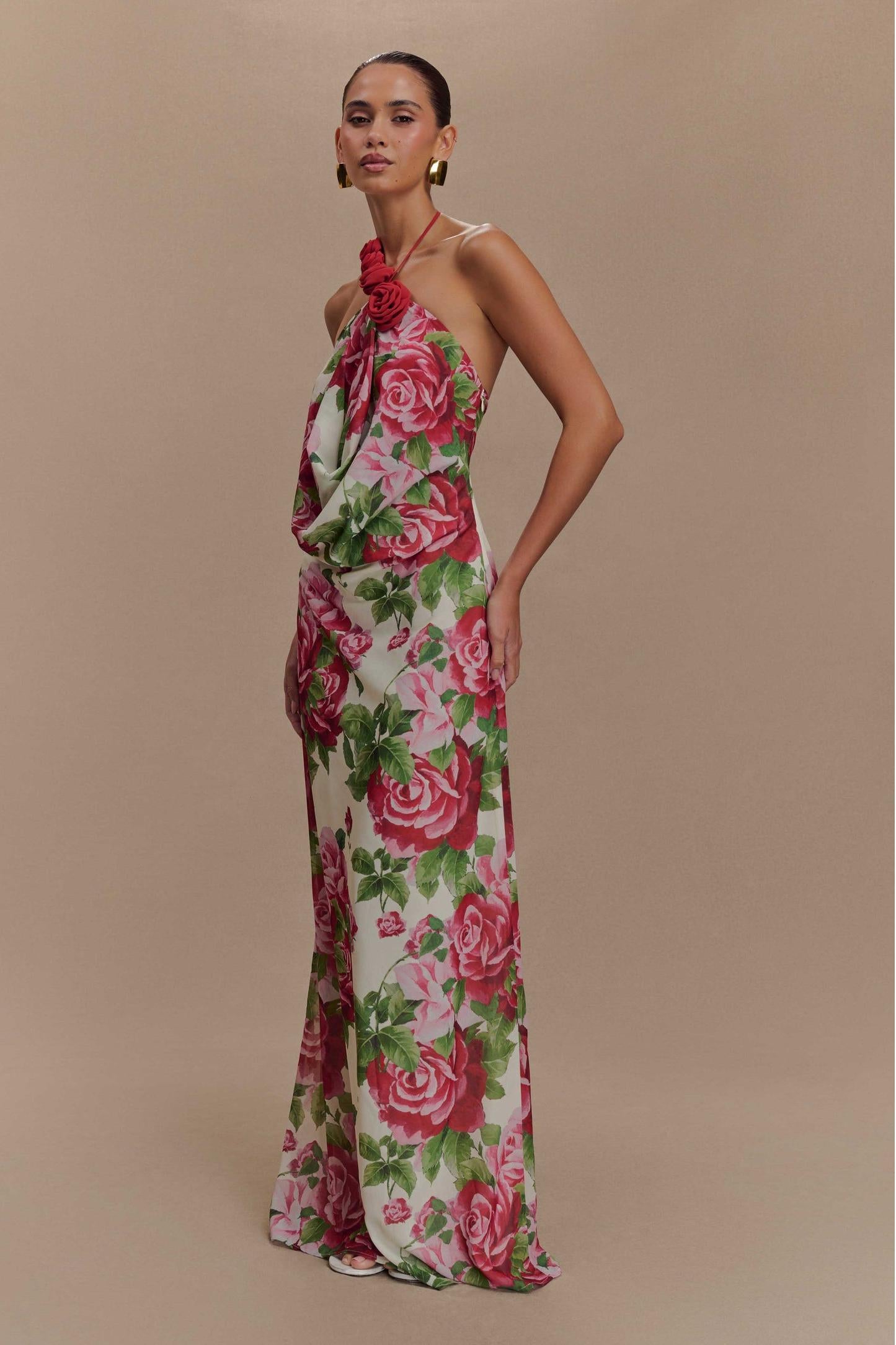 3D Flower Floral Halter Neck Maxi Dress