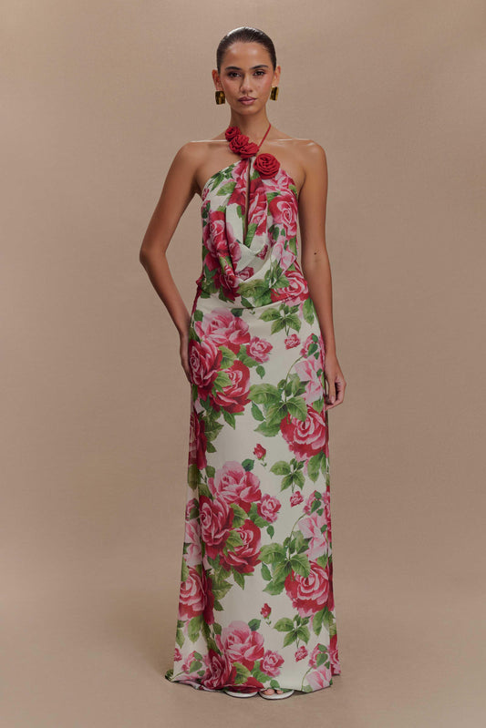 3D Flower Floral Halter Neck Maxi Dress