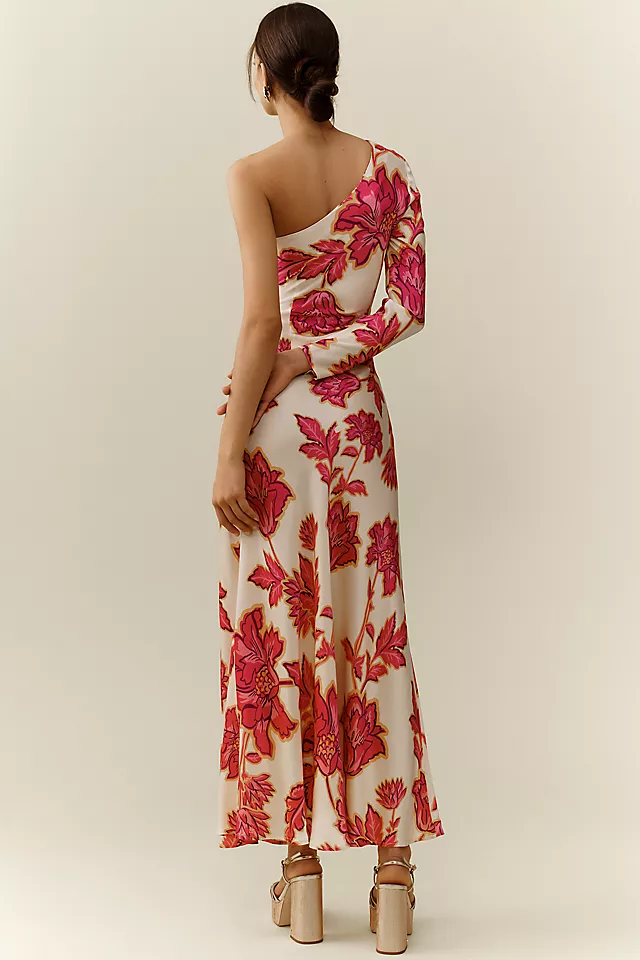 Satin Floral One-Shoulder Midi Dress