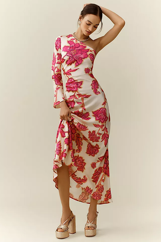 Satin Floral One-Shoulder Midi Dress