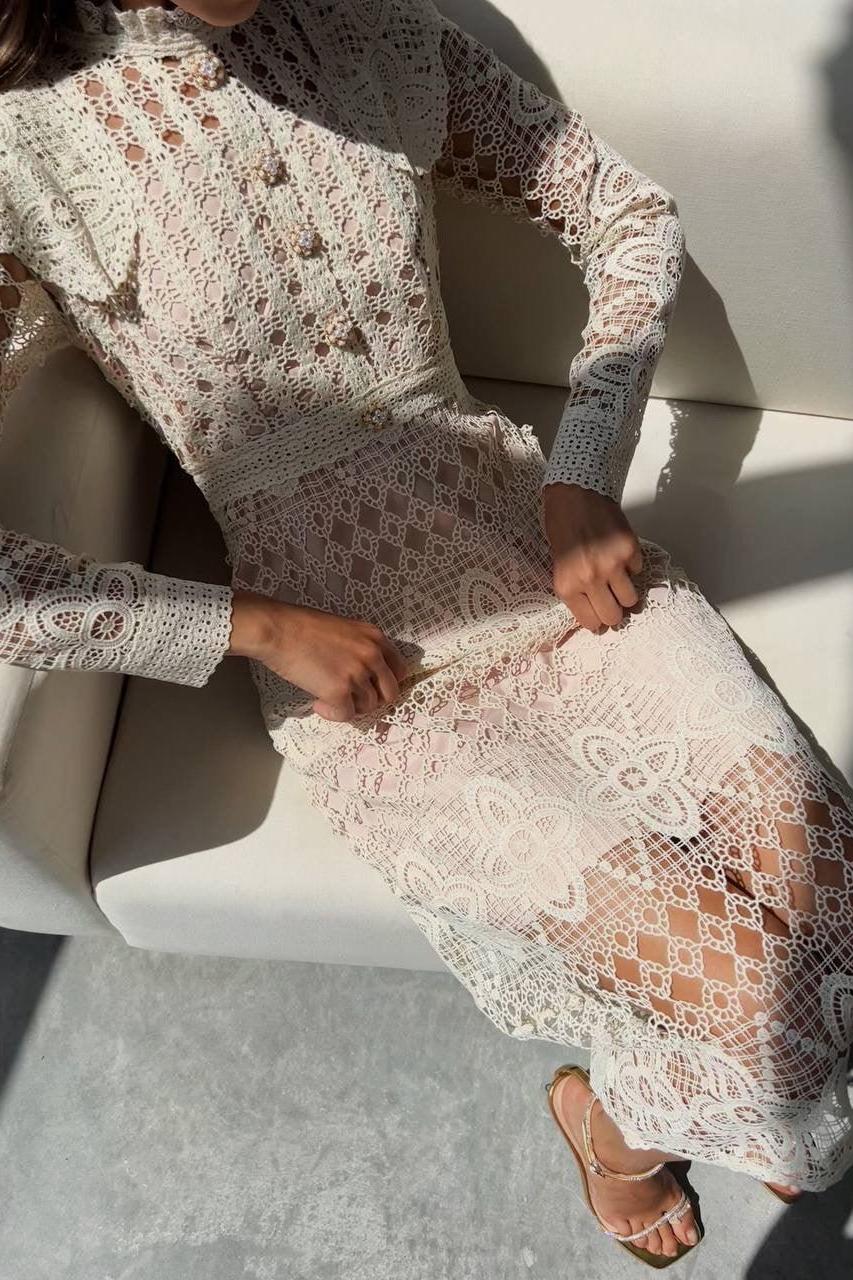 Lace Faux Pearl Button Long Sleeve Midi Dress