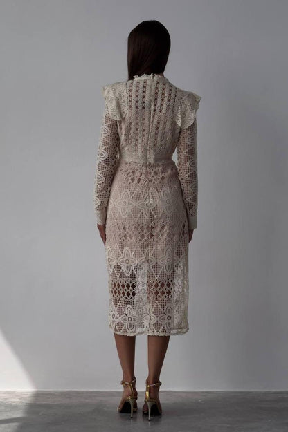 Lace Faux Pearl Button Long Sleeve Midi Dress