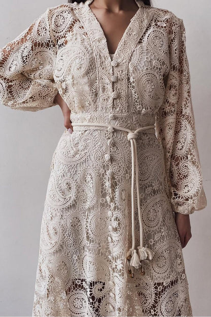 Lace Lantern Sleeve Lace Up Midi Dress