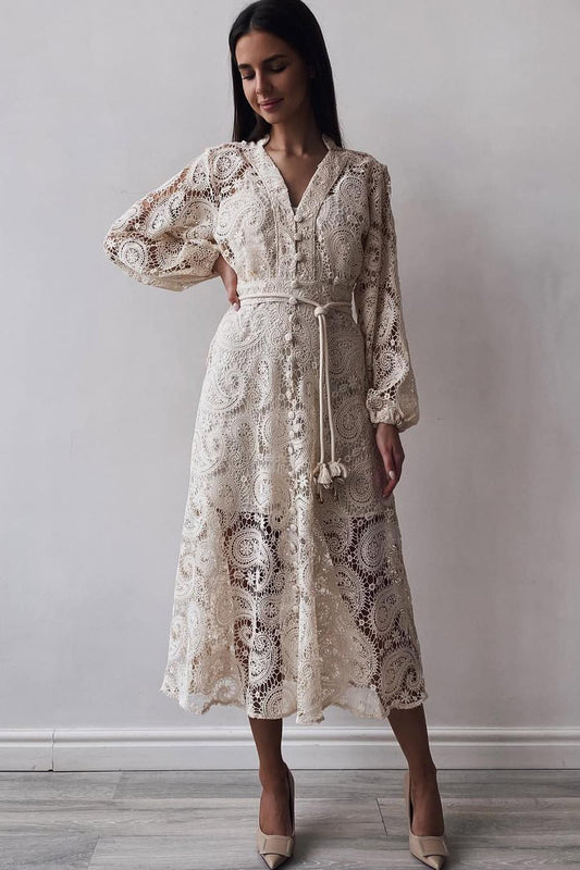 Lace Lantern Sleeve Lace Up Midi Dress