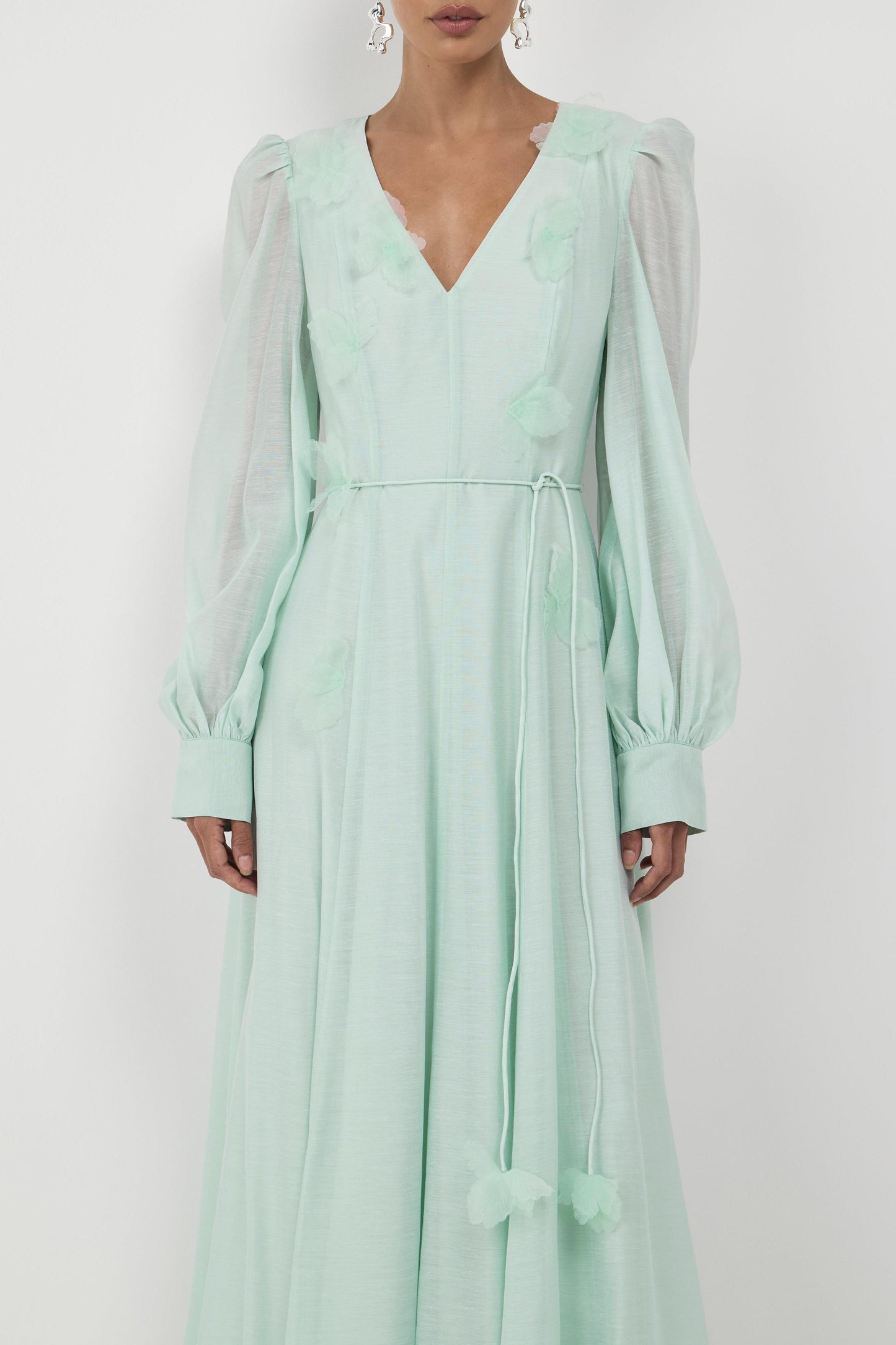3D Flower V-Neck Lantern Sleeve Midi Dress