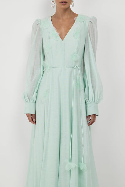 3D Flower V-Neck Lantern Sleeve Midi Dress
