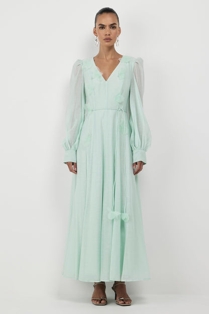 3D Flower V-Neck Lantern Sleeve Midi Dress