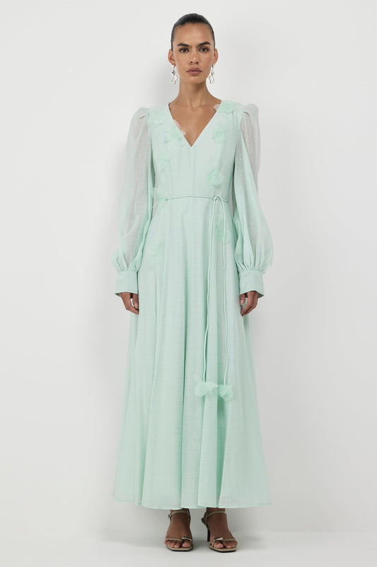 3D Flower V-Neck Lantern Sleeve Midi Dress